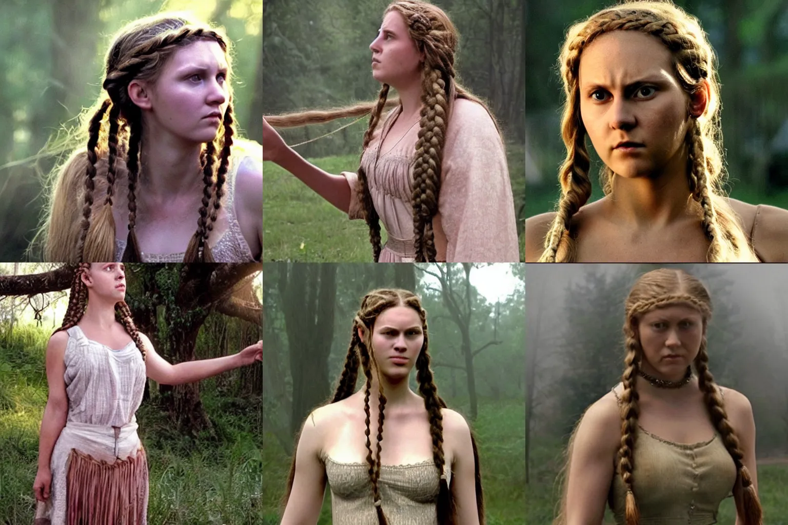 Prompt: too realistic film prop of the ethereal upper body of a half giant half Latvian woman with braids, 2008 cinematography