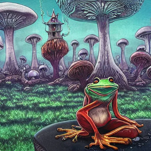 Image similar to A centered waist up portrait of a scary psychedelic godlike anthropomorphic frog smoking tobacco , magic mushroom village in background . award winning. superb resolution. in the art style of junji Ito and greg rutkowski . Detailed Mushroom city in background. Hyper realistic anime. Perfect art. Dalle2