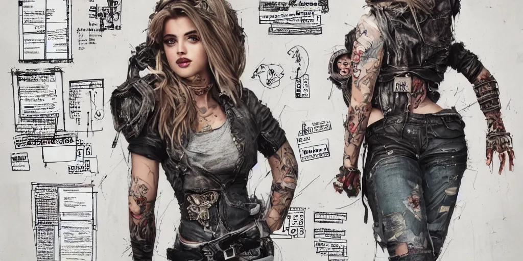 Image similar to anne winters fully tattooed, wearing scratched and ripped short leather jeans, wearing an aviator outfit with a smiley stamp on its back, character sheet, fine details, props, concept design, contrast, kim jung gi, greg rutkowski, trending on artstation, 8 k, full body, turnaround, front, back, ultra wide angle