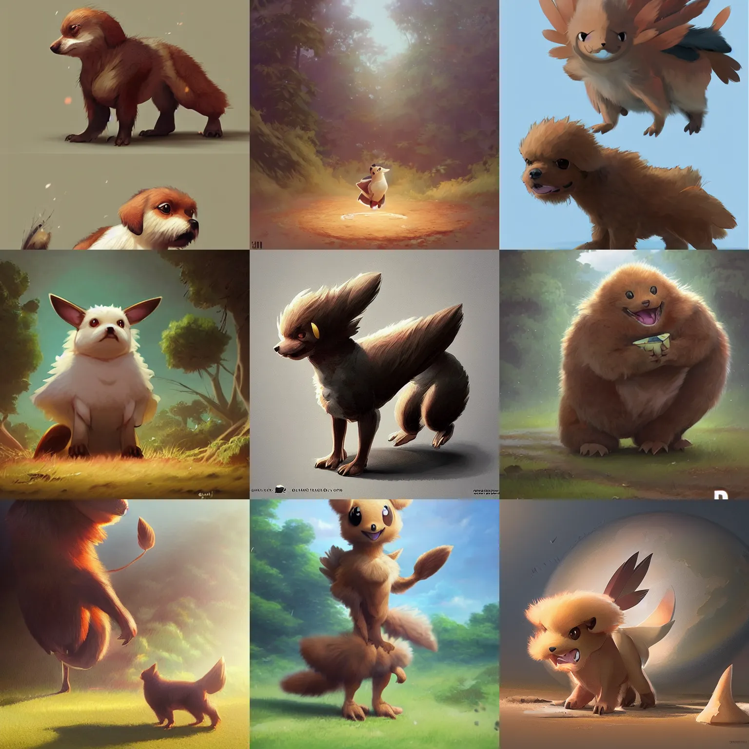 Prompt: a cute earth type pokemon, dog with brown feathers, highly detailed digital art, 3 d perspective, award - winning illustration, aesthetic, smooth, pokemon style, made by greg rutkowski