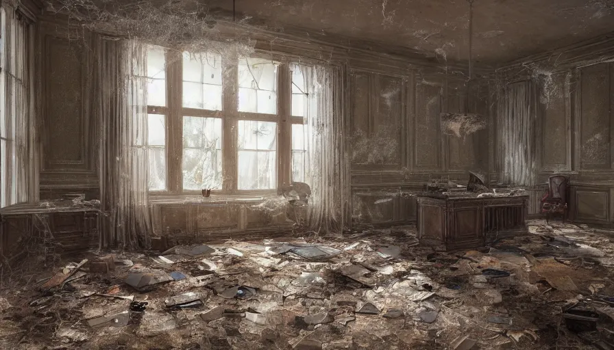 Image similar to abandoned oval office with broken windows covered by cobwebs, destroyed furnitures, dusty floor, old torn curtains, lights through windows, hyperdetailed, artstation, cgsociety, 8 k