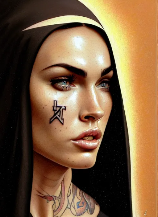 Image similar to portrait of megan fox as a nun with face tattoos, catholic, church, bible, christian, intricate, headshot, highly detailed, digital painting, artstation, concept art, sharp focus, cinematic lighting, illustration, art by artgerm and greg rutkowski, alphonse mucha, cgsociety