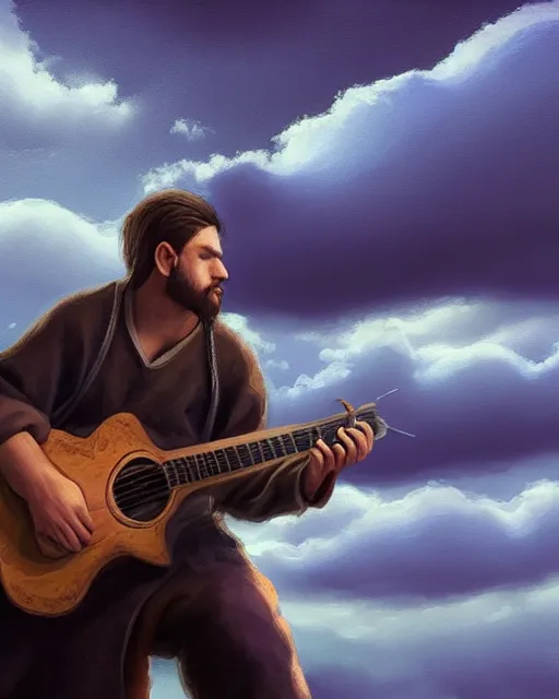 Prompt: A figure of a man with a guitar obscured by clouds and mist. The clouds look like mountains high in the sky, the clouds are a deep blue purple color with the sun blazing behind the clouds, deep focus, D&D, fantasy, intricate, elegant, highly detailed, digital painting, artstation, concept art, matte, sharp focus, illustration, hearthstone, art by Artgerm and Greg Rutkowski and Alphonse Mucha