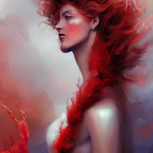 Image similar to a painting of a woman who made of curly and transparent feathers cloud with red edges is holding a sword, a digital painting by charlie bowater, made of curly and transparent feathers and cloud, metaphysical painting, speedpainting, digital painting, holographic undertones, highly saturated colors, 4 k, digital art, concept art, trending on artstation