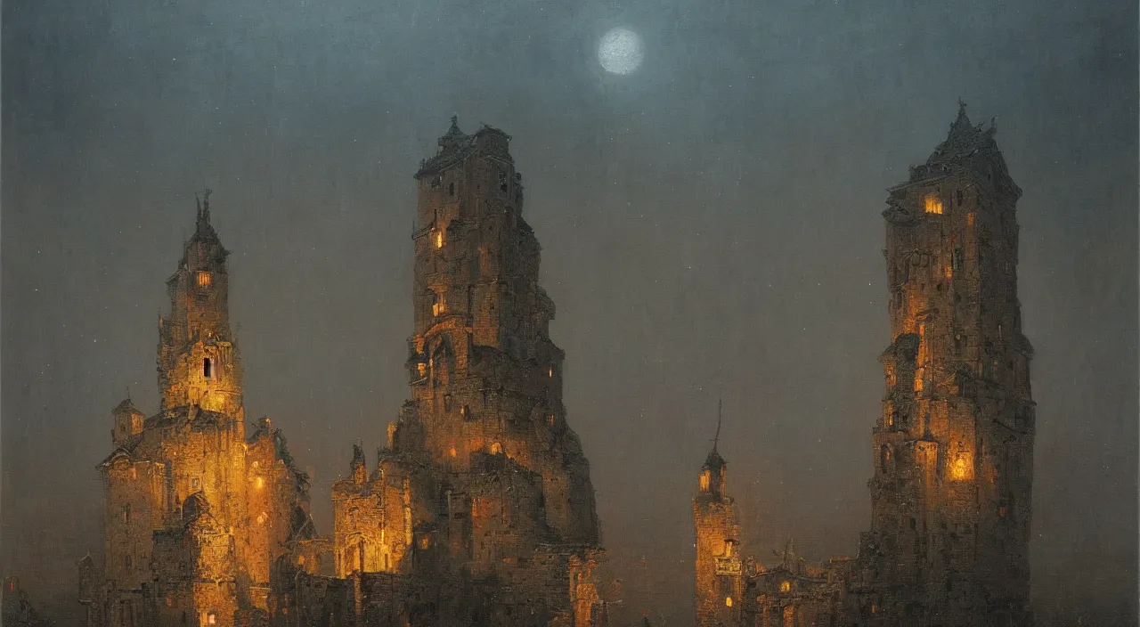 Prompt: an oil painting of a flooded ancient tower at night by beksinski carl spitzweg and tuomas korpi, full-length view, highly detailed, vibrant colors, high contrast, symmetry, great composition, high detail, cinematic lighting, award winning masterpiece, trending on artstation