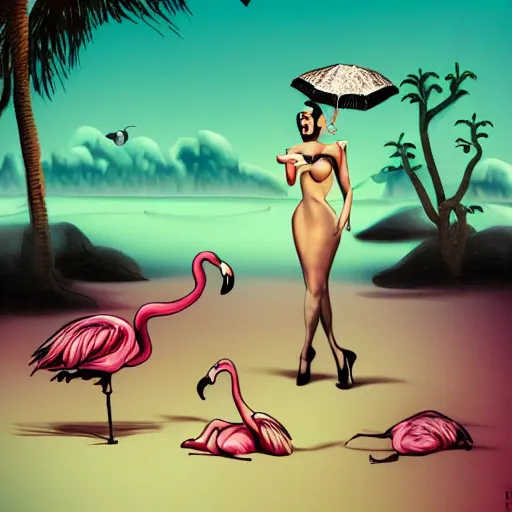 Image similar to A surreal comic noir illustration containing Dita Von Teese and Flamingos on a desert beach oasis by Salvador Dali, dark vibes, high contrast, pastel lighting, cinematic, depth of field, 8k