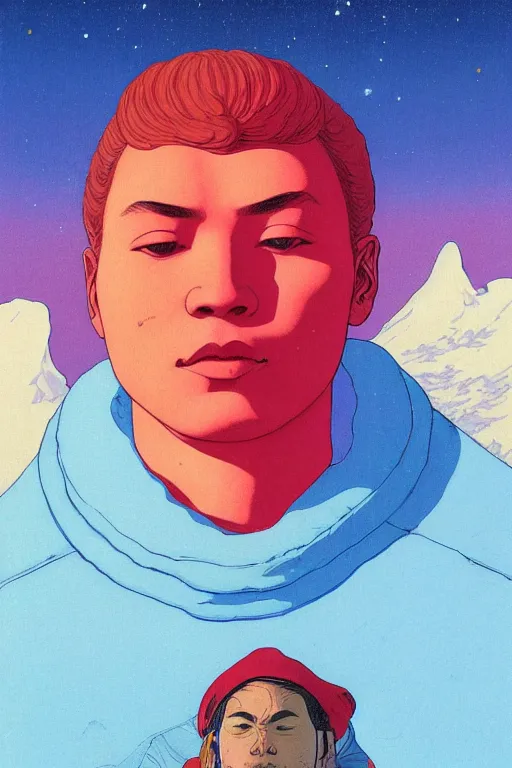 Image similar to a closeup portrait of a young siberian man dreaming psychedelic hallucinations in the vast icy landscape of antarctica, volcano lava drips in anti - gravity by kawase hasui, moebius and edward hopper, colorful flat surreal design, hd, 8 k, artstation