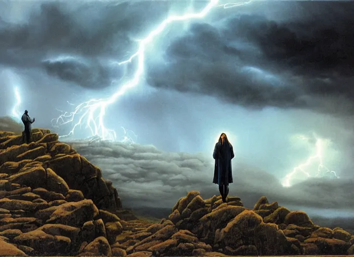 Prompt: a man with a long wavy black hair wearing a long blue coat and stands in the foreground with his back to the viewer. he is on bare rocky ground looking up at an immense approaching lightning storm. roiling dramatic threatening dangerous looming clouds. dramatic fantasy art by michael whelan and greg rutkowski