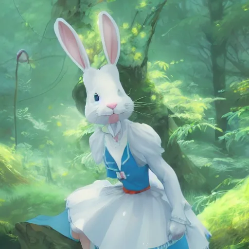 Image similar to concept art painting of an anthropomorphic white rabbit wearing a turquoise dress, in the deep forest, realistic, detailed, cel shaded, in the style of makoto shinkai and greg rutkowski and james gurney