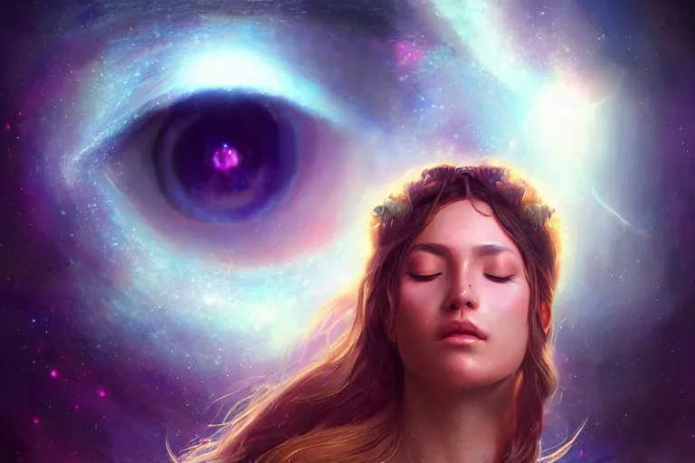 Image similar to a beautiful portrait of a female goddess with closed eyes, galaxy theme colors, galaxy theme colors, ultra realistic digital art by Greg Rutkowski and Raymond Swanland, Trending on Artstation, ultra realistic digital art, ultra realistic digital art