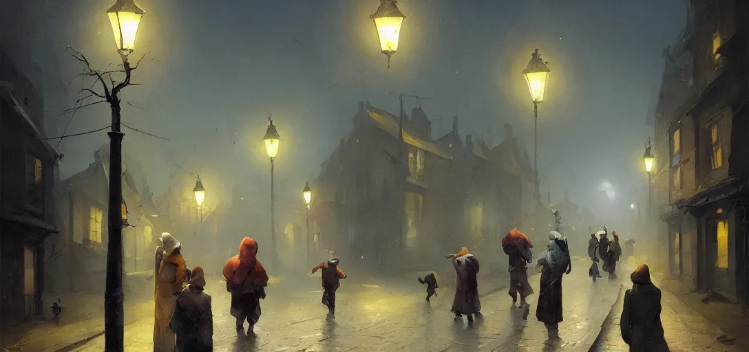 Image similar to a painting of a group of people walking down an old cobbled street at night with street lamps and houses, by Sergey Kolesov, Stanley Artgermm, Tom Bagshaw, Greg Rutkowski, Carne Griffiths, trending on Artstation, 8k, masterpiece, graffiti paint, dishonored, fine detail, full of color, intricate detail