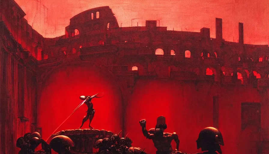 Image similar to only with red, a lightly armored gladiator in a crowded roman amphitheatre, crowd cheering, in the style of beksinski and edward hopper and rodcenko and yue minjun and artgerm, intricate and epic composition, red by caravaggio, highly detailed, masterpiece, red light, artstation, art nouveau