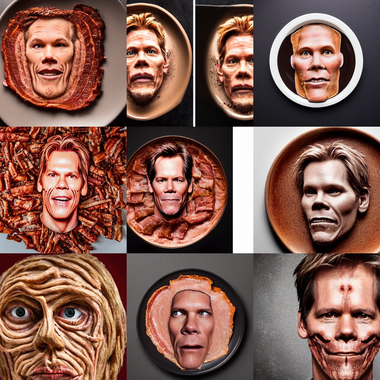 Prompt: kevin bacon's face made of bacon, dish, top view, sigma 8 5 mm