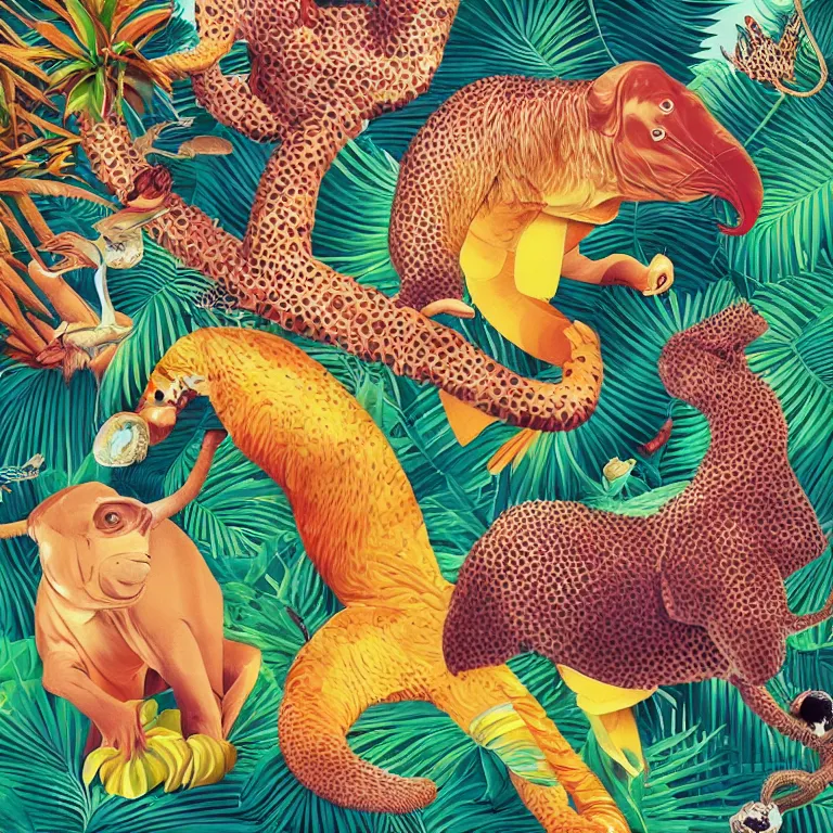 Image similar to beautiful album cover depicting tropical animals by Jonathan Zawada