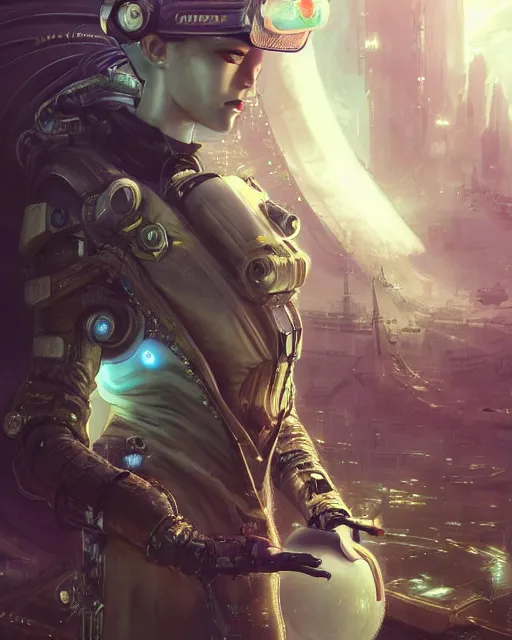 Image similar to a beautiful intricate exquisite imaginative exciting fashionable futuristic close up portrait of a female astro engineer with stern looks, mechanical uniform, neon lights on hood and jacket by ruan jia, tom bagshaw, peter mohrbacher, brian froud, futuristic organic city in the background, epic sky, vray render, artstation, deviantart, pinterest, 5 0 0 px models