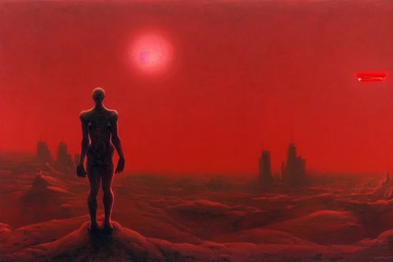 Prompt: only with red, a red god of death eat apple, a futuristic city on mars in background, an ancient path, pathos, in the style of beksinski, part by hopper, part by rodcenko, part by hofbauer, intricate composition, red by caravaggio, insanely quality, highly detailed, masterpiece, red light, artstation