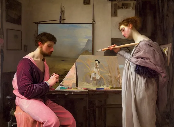 Image similar to a young painter in his studio painting a picture of a pink penguin, by edgar maxence and caravaggio and michael whelan and delacroix style, artistic, intricate drawing, cinematic lighting, hyper realistic, extremely detailed, establishing shot, 8 k resolution, dramatic lighting