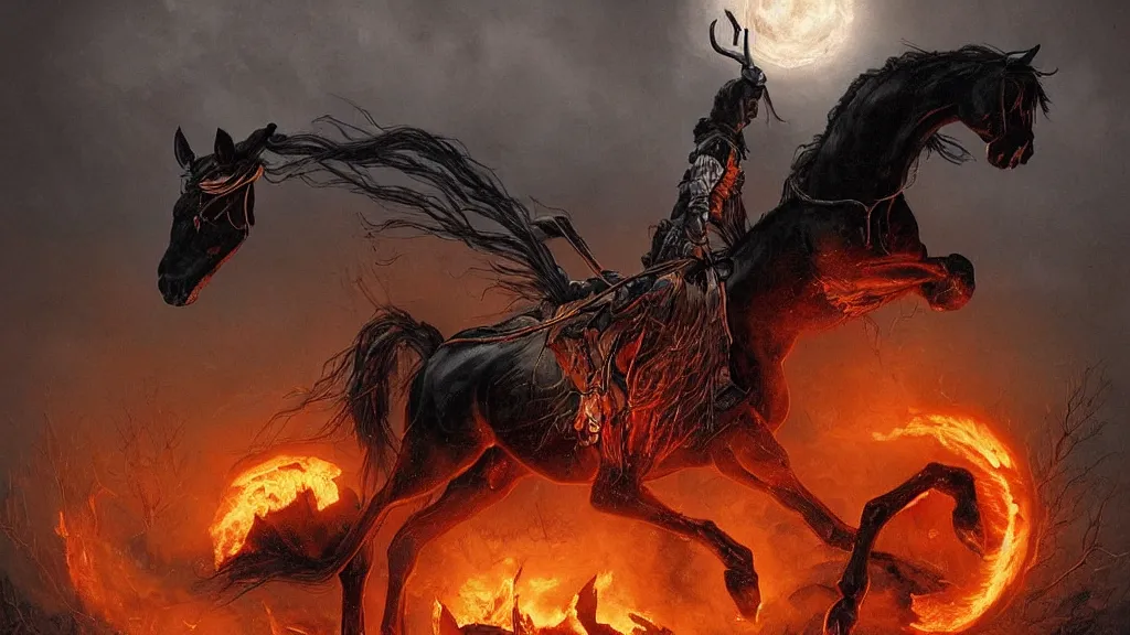 Prompt: rampant ( ( black horse ) ) with fiery eyes, a headless!!! colonial rider!!!! holds a ( jack - o - lantern ), background gnarled trees and large supermoon, in the styles of greg rutkowski, keith parkinson, and john quidor, intricate, detailed, volumetric lighting