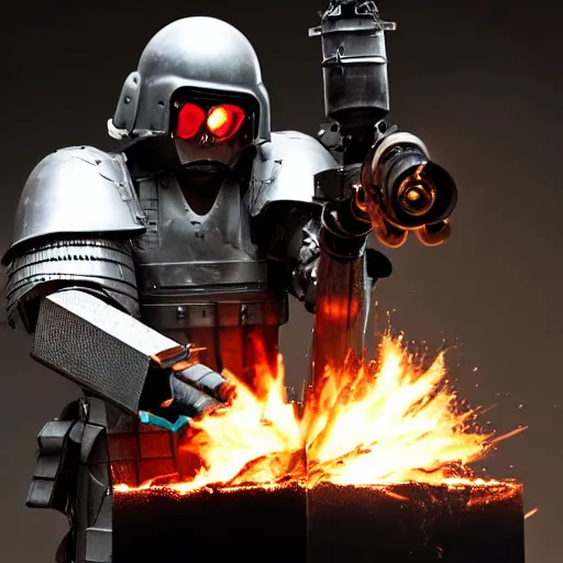 Image similar to angry man in juggernaut armor burning a desktop tower pc with a military flamethrower