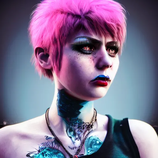 Image similar to punk women portrait made out of paint, short hair, octane render, highly detailed, realistic, tim burton and bob ross comic book art, matte painting, holographic, trending on artstation, cinematic, splashes of neon