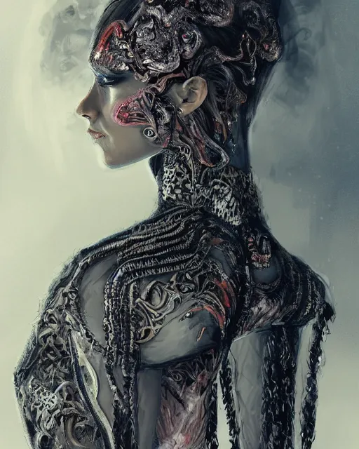 Prompt: Girl at a fashion show in hell, fire, lava, intricate, elegant, highly detailed, digital painting, artstation, concept art, smooth, sharp focus, illustration, Designer clothes, futuristic clothes, voge photo, fashion style, fullbody, in full growth, Clear facial features, photorealistic, high resolution, highly detailed, details, good clear quality, art by Zdzisław Beksiński