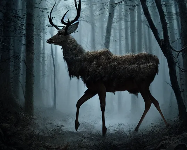 Image similar to 5 5 mm portrait photo of an armored demonic deer with antlers, in a magical forest looking at the camera. dark atmosphere. art by greg rutkowski. highly detailed 8 k. intricate. lifelike. soft light. nikon d 8 5 0.