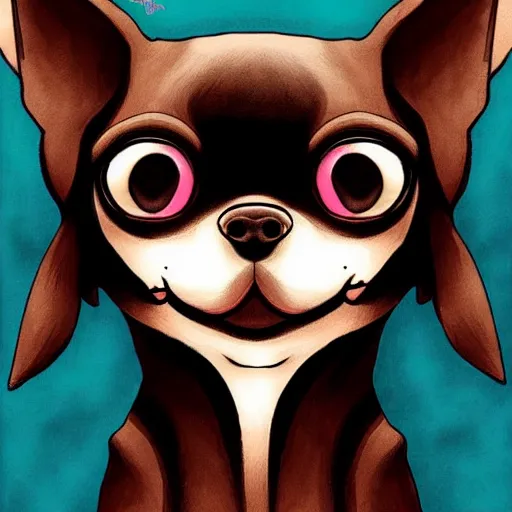 Prompt: a dark brown chihuahua, hyper detailed, in the style of junji ito!!!!!!, selfie shot straight on angle