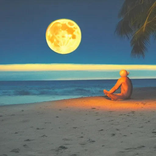 Prompt: nosferatu sunbathing at the beach at night time, full moon