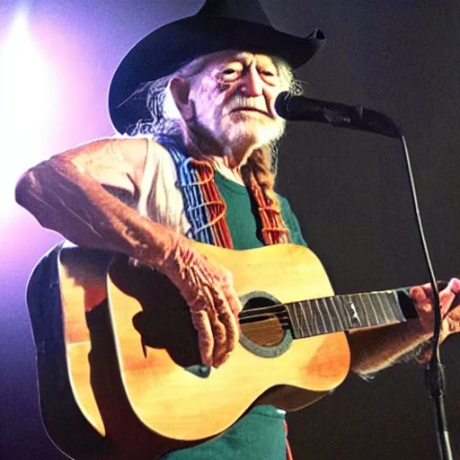 Prompt: willie nelson on stage, holding guitar. four fingers. god rays through fog.