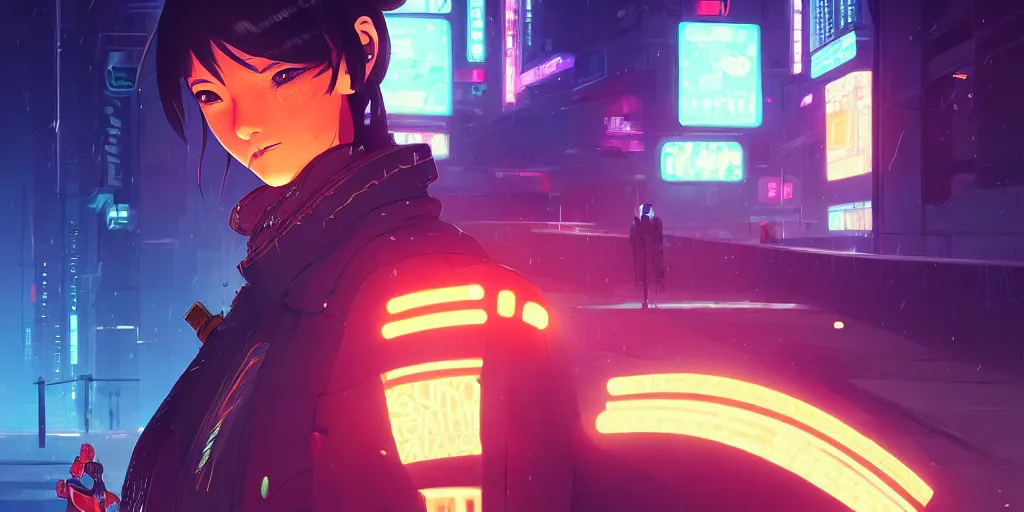 Image similar to digital illustration closeup portrait of cyberpunk samurai in city street at night by makoto shinkai, ilya kuvshinov, lois van baarle, rossdraws, basquiat | afrofuturism, in the style of hearthstone, trending on artstation | cool color scheme