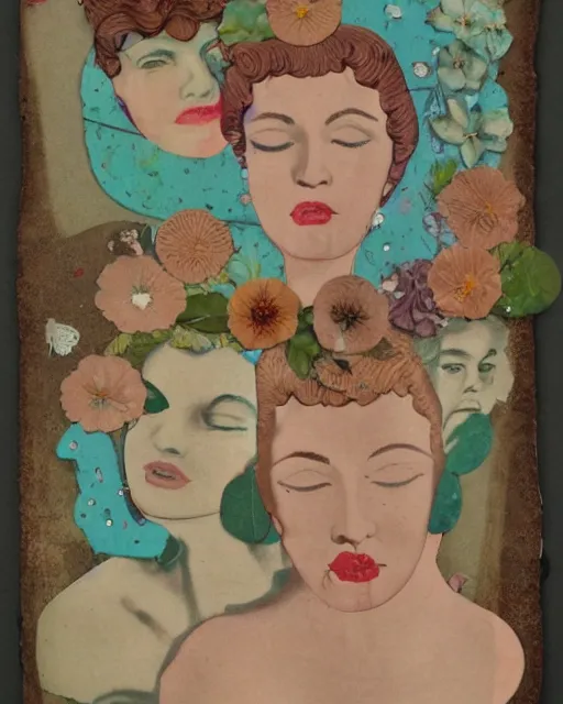 Image similar to different women's faces, cut and paste collage, pressed flowers, soft coloring, 1 9 5 0 s, silk, pearlescent, watery, serene emotions