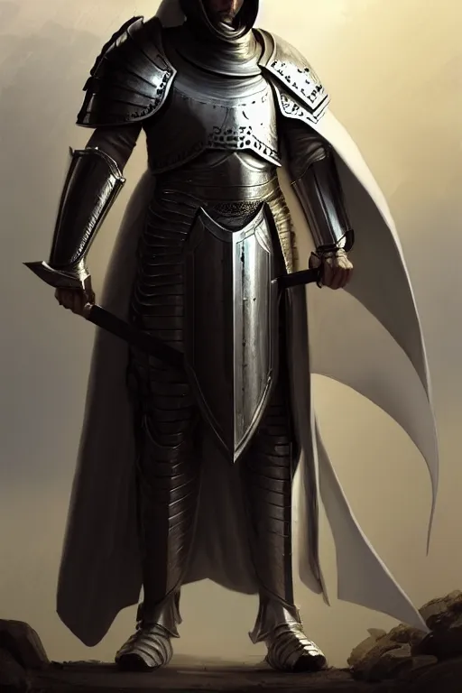 Prompt: white man looking forward in iron decorated plate armor, cylindrical crusader great helm covering all his head and white cape covering his back and elbows standing at the gates of jerusalem drawn by greg rutkowski realistic high detail