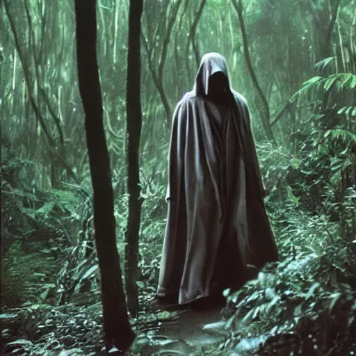 Prompt: a man wearing a long cloak and hood, walking through a lush jungle, film still, arriflex 3 5 extremely high detail