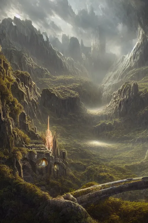 Image similar to amazing concept painting, by Jessica Rossier and HR giger and Beksinski, A gleaming white opera hall fortress overlooks a fertile valley, brutalist deak ferrand Jean-pierre Ugarte bases, Rivendell Himeji, hallucination, garden of eden