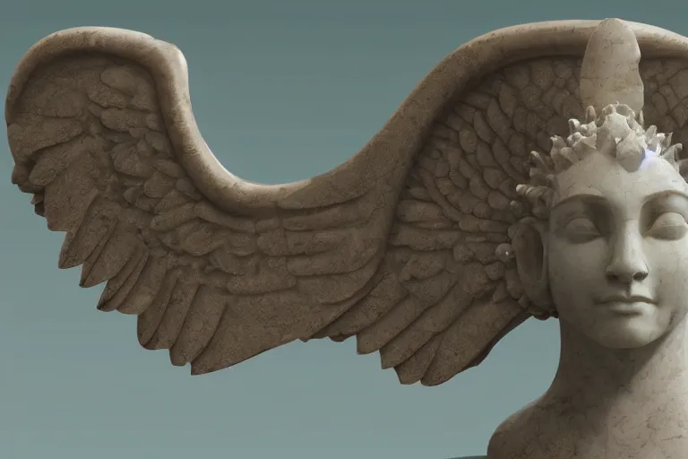 Prompt: white marble in shape of a winged sphinx on a pedestal was of bronze and was thick with verdigris the face was towards camera with a faint shadow of a smile on the lips and it was greatly weather-worn, game art matte painting