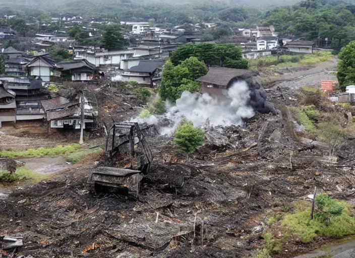 Image similar to Japanese countryside being destroyed by a giant schoolgirl