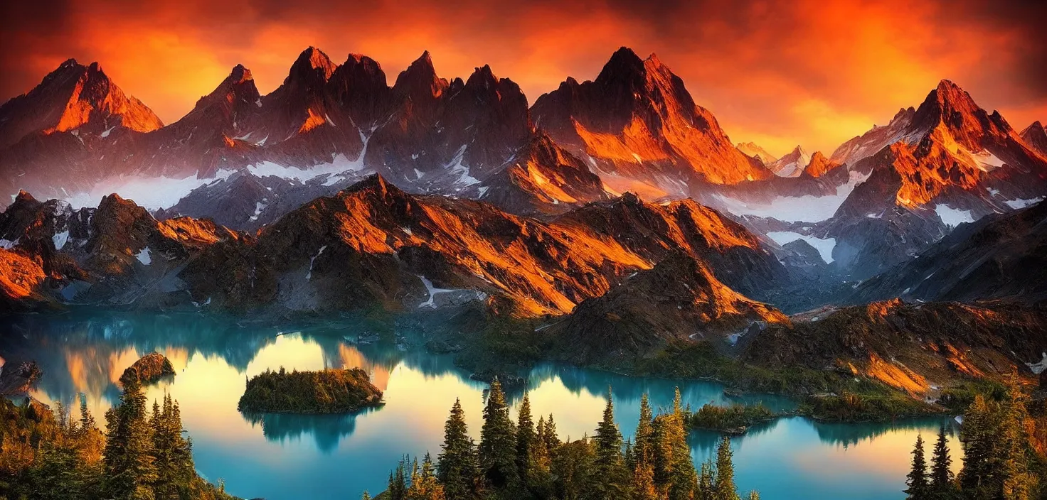 Image similar to amazing landscape photo of mountains with lake in sunset by marc adamus, beautiful dramatic lighting