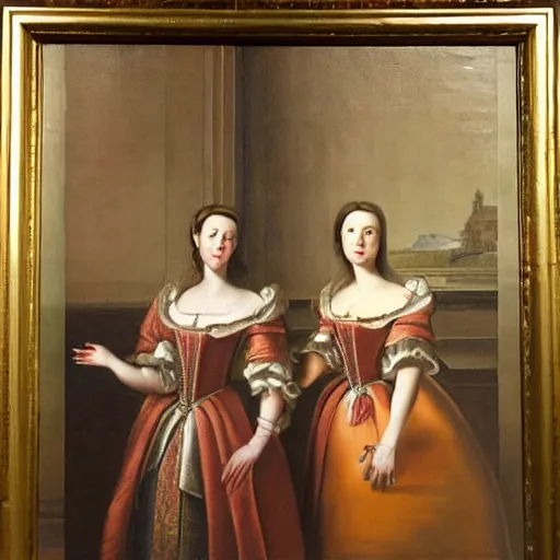 Image similar to oil on canvas painting. two women in a vast castle lobby wearing fine clothes. dark room with light coming through the right side of the place. baroque style 1 6 5 6. high quality painting, no distortion at all.