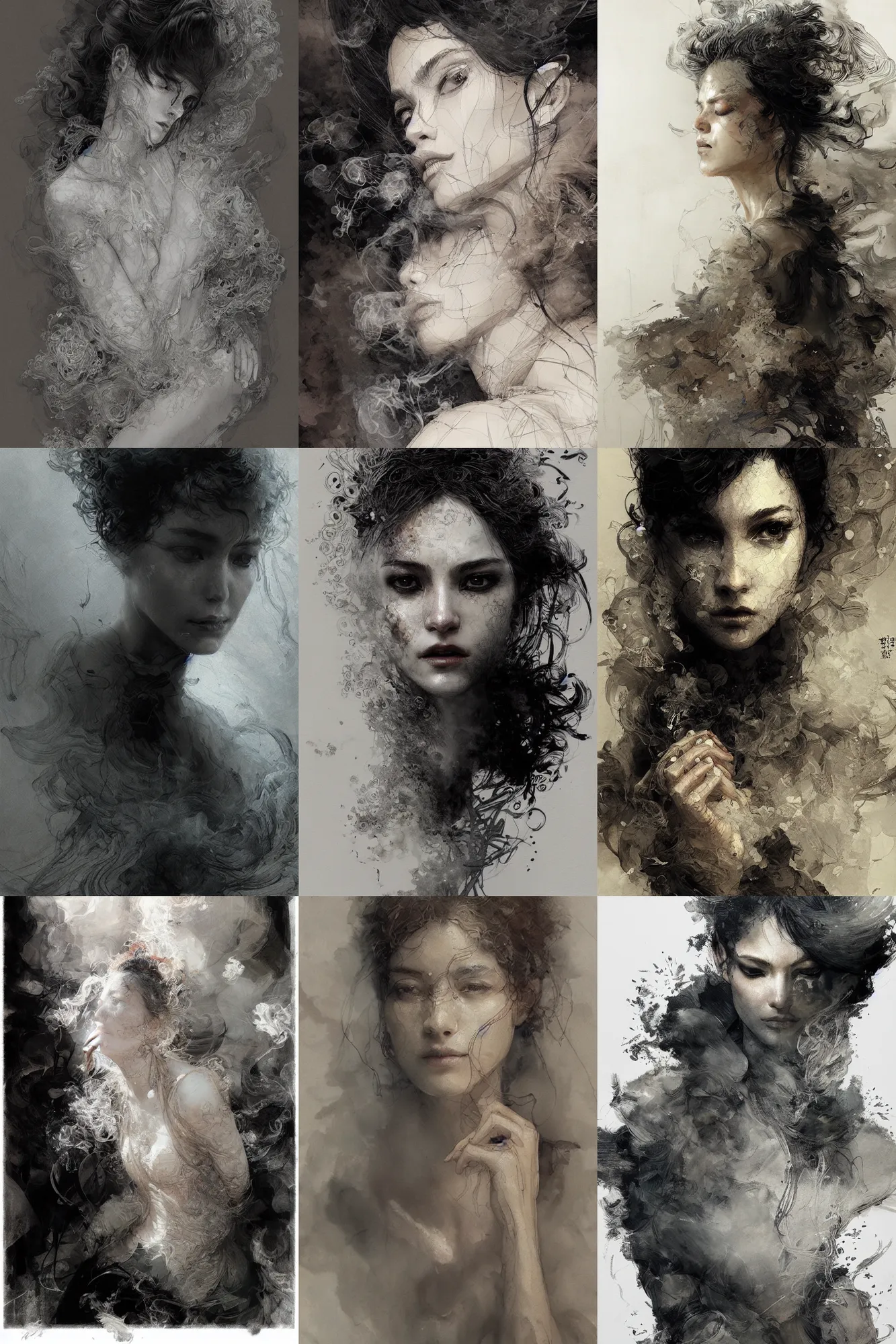 Prompt: portrait of a woman sensual surrounded by smoke fumes, pen and ink, intricate line drawings, by craig mullins, ruan jia, kentaro miura, greg rutkowski