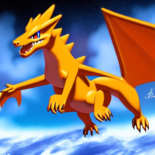 Prompt: ultra realistic charizard from real life flying into space and time above the clouds, the stars and galaxies are shining bright, ue 5, award winning, sharp focus, illustration