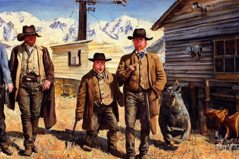 Prompt: fredrick remington oil painting of phillip seymour hoffman and two bandits in a busy old west town