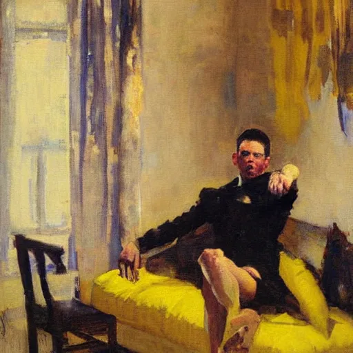 Prompt: man in yellow room, black suit, relaxed arms, dean cornwell style