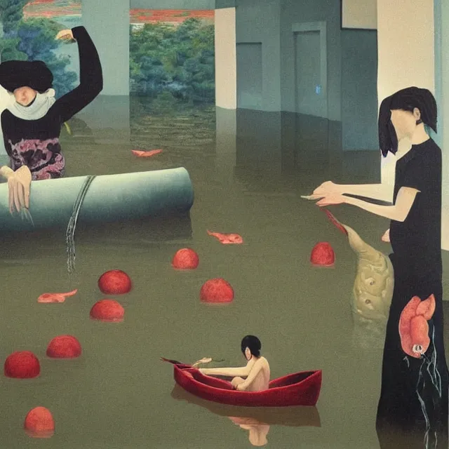 Image similar to tall female emo vegan socialist artist in their flooded apartment, painting of flood waters inside an artist's home, a river flooding indoors, pomegranates, pigs, ikebana, zen, water, octopus, river, rapids, waterfall, black swans, canoe, berries, acrylic on canvas, surrealist, by magritte and monet