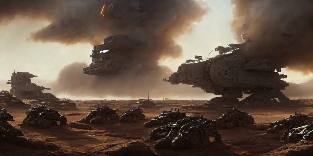 Prompt: hyper realistic sci - fi matte concept art painting of epic cinematic battle between mechwarriors and soldiers fighting on mars, guns, missiles, explosions, beautiful details, strong composition painted by kim jung guweta studio rutkowski, james gurney and greg rutkowski, and lucasfilm, smooth, intricate, detailed, sharp focus, cinematic