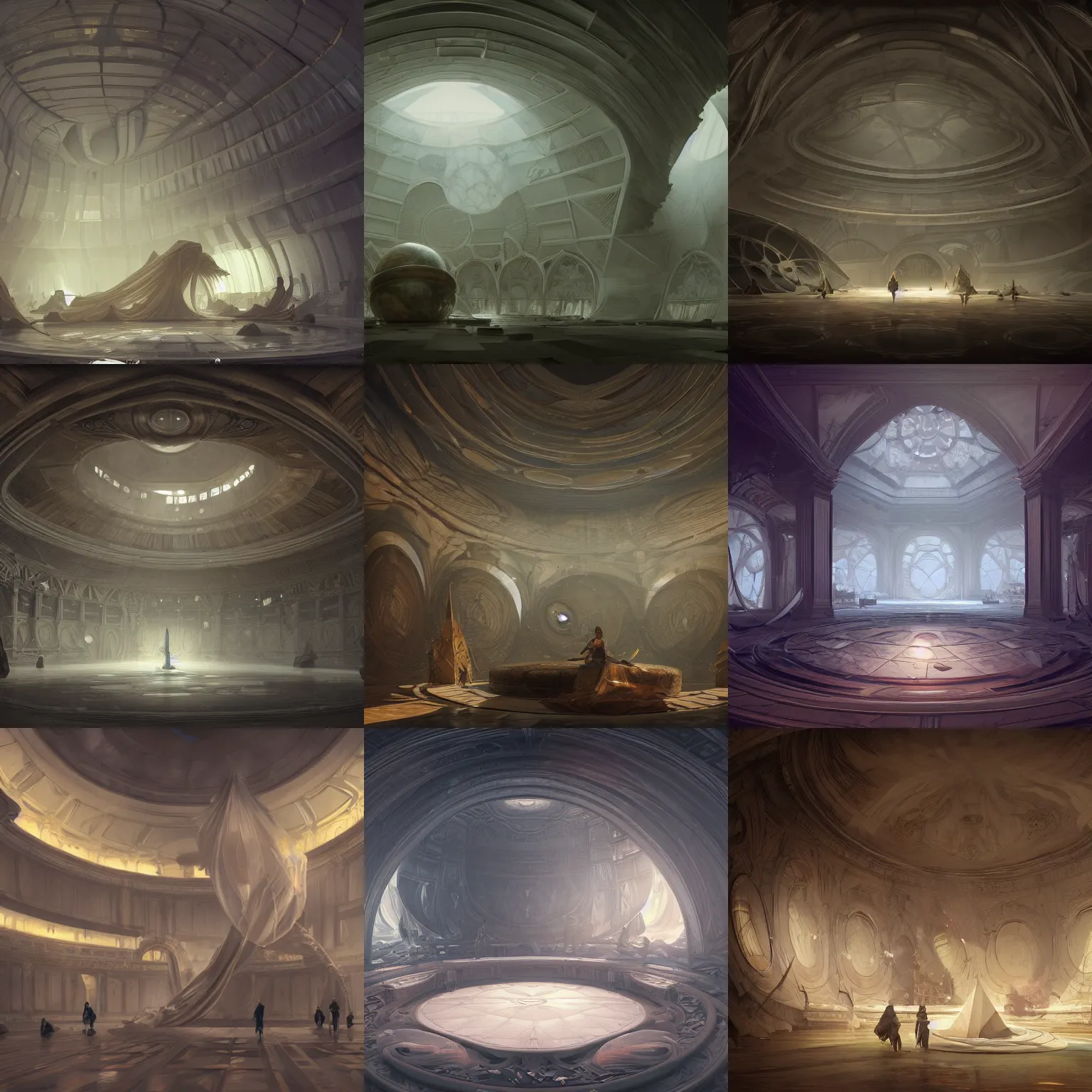 Prompt: interior of a marble dome with a large fabric drapery falling from ceiling to the floor at the center, polygonal wooden walls, by peter mohrbacher dan mumford craig mullins nekro, cgsociety, pixiv, volumetric light, 3 d render