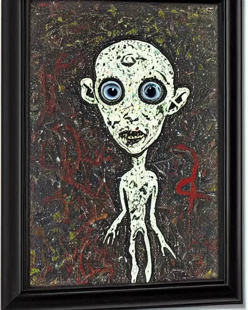 Prompt: portrait of little grey alien by Jackson Pollock