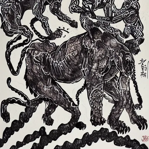 Prompt: emotional movement of muscle panthers, hell creatures, ink painting, in style of thawan duchanee, high quality,