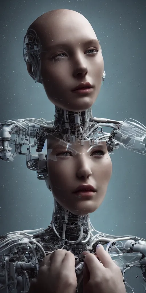 Image similar to Masterpiece full body portrait of a beautiful female cyborg with a beautiful face and flawless skin, parts of her body are made of transparent plastic, in a surreal dream landscape, eerie fog, cinematic lighting, 8k