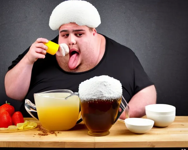 Image similar to Obese man with an afro eating as much flour and oil humanly possible, he weighs 900000000 pounds and is drinking oil from a pitcher