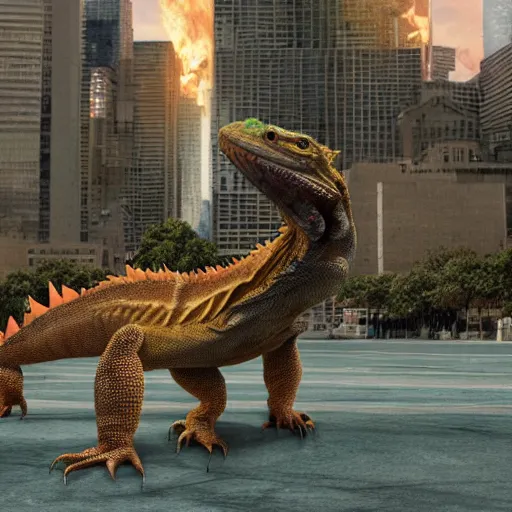 Image similar to a giant bearded dragon 1 0 feet tall destroying a city